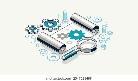 Conceito de projeto de engenharia mecânica, desenho de plano de esboço do motor, projeto de esquema técnico, folha de papel com engrenagens e ampliador ilustração vetorial isométrica 3D, tutorial de reparo.