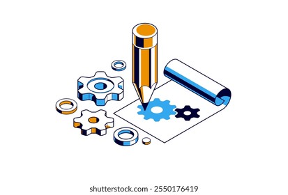 Conceito de projeto de engenharia mecânica, desenho de plano de esboço do motor, projeto de esquema técnico, folha de papel com engrenagens e lápis 3D ilustração vetor isométrica, tutorial de reparo.