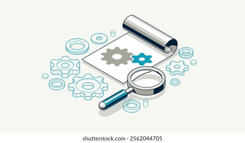 Mechanical engineering project concept, engine draft plan drawing, technical scheme blueprint, paper sheet with gears and magnifier 3D isometric vector illustration, repair tutorial.