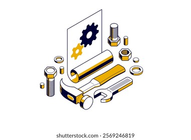 Mechanical engineering project concept, engine draft plan drawing, technical scheme blueprint, paper sheet with gears 3D isometric vector illustration, repair tutorial.