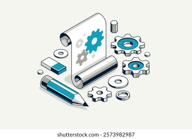 Mechanical engineering project concept, engine draft plan drawing, technical scheme blueprint, paper sheet with gears and pencil 3D isometric vector illustration, repair tutorial.