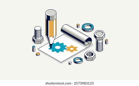 Mechanical engineering project concept, engine draft plan drawing, technical scheme blueprint, paper sheet with gears 3D isometric vector illustration, repair tutorial.