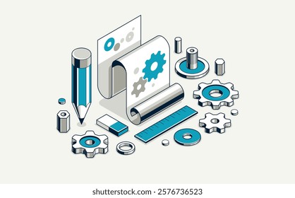 Mechanical engineering project concept, engine draft plan drawing, technical scheme blueprint, paper sheet with gears 3D isometric vector illustration, repair tutorial.