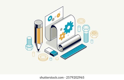 Mechanical engineering project concept, engine draft plan drawing, technical scheme blueprint, paper sheet with gears 3D isometric vector illustration, repair tutorial.