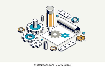 Mechanical engineering project concept, engine draft plan drawing, technical scheme blueprint, paper sheet with gears and pencil 3D isometric vector illustration, repair tutorial.