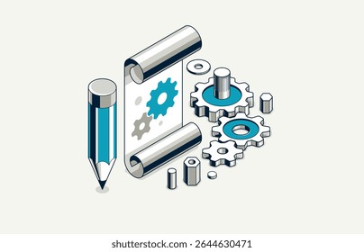 Conceito de projeto de engenharia mecânica, desenho de plano de esboço do motor, esquema técnico, folha de papel com engrenagens ilustração vetorial isométrica 3D, tutorial de reparo.