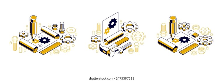 Mechanical engineering project concept set, engine draft plan drawing, technical scheme blueprint, paper sheet with gears and pencil 3D isometric vector illustration, repair tutorial.