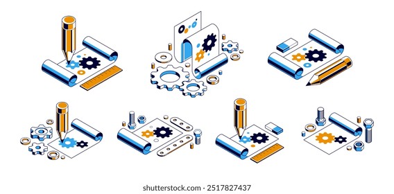 Mechanical engineering project concept set, engine draft plan drawing, technical scheme blueprint, paper sheet with gears and pencil 3D isometric vector illustration, repair tutorial.