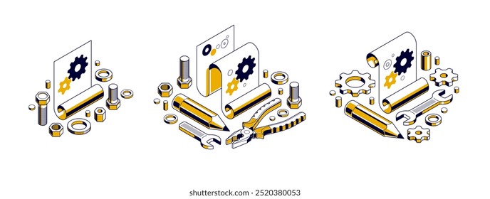 Mechanical engineering project concept set, engine draft plan drawing, technical scheme blueprint, paper sheet with gears and pencil 3D isometric vector illustration, repair tutorial.