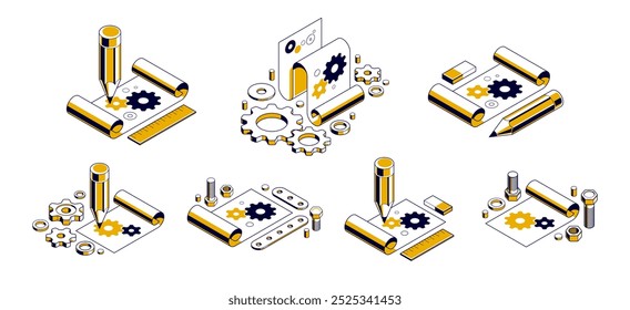 Mechanical engineering project concept set, engine draft plan drawing, technical scheme blueprint, paper sheet with gears and pencil 3D isometric vector illustration, repair tutorial.