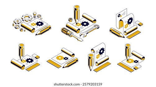 Mechanical engineering project concept set, engine draft plan drawing, technical scheme blueprint, paper sheet with gears and pencil 3D isometric vector illustration, repair tutorial.