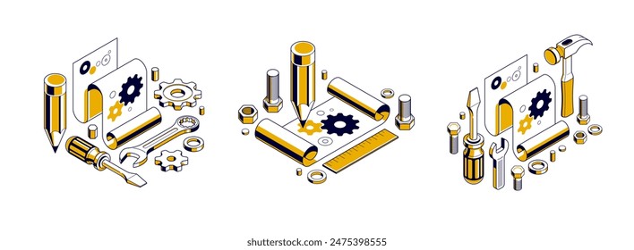 Mechanical engineering project in embodiment implementation concept set, engine draft plan drawing and work progress, paper sheet with gears, tools and pencil 3D isometric vector illustration.