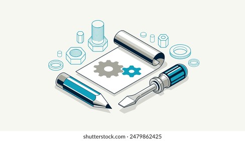 Mechanical engineering project in embodiment implementation concept, engine draft plan drawing and work progress, paper sheet with gears, tools and pencil 3D isometric vector illustration.