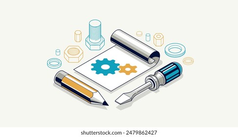 Mechanical engineering project in embodiment implementation concept, engine draft plan drawing and work progress, paper sheet with gears, tools and pencil 3D isometric vector illustration.