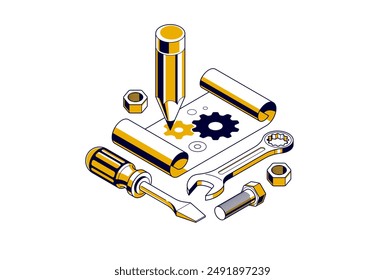 Mechanical engineering project in embodiment implementation concept, engine draft plan drawing and work progress, paper sheet with gears, tools and pencil 3D isometric vector illustration.