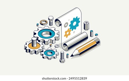 Mechanical engineering project in embodiment implementation concept, engine draft plan drawing and work process, paper sheet with gears and pencil 3D isometric vector illustration, repair tutorial.