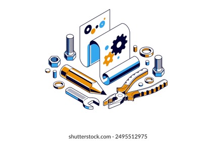 Mechanical engineering project in embodiment implementation concept, engine draft plan drawing and work progress, paper sheet with gears, tools and pencil 3D isometric vector illustration.