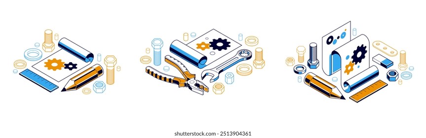 Projeto de engenharia mecânica em conjunto de conceito de implementação de incorporação, desenho de plano de projeto do motor e progresso do trabalho, folha de papel com engrenagens, ferramentas e ilustração vetorial isométrica 3D lápis.