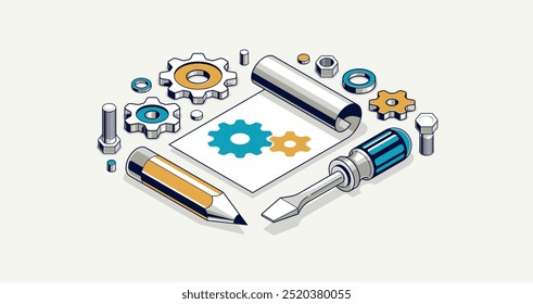 Projeto de engenharia mecânica em conceito de implementação de incorporação, desenho de plano de projeto do motor e andamento do trabalho, folha de papel com engrenagens, ferramentas e ilustração vetorial isométrica 3D lápis.