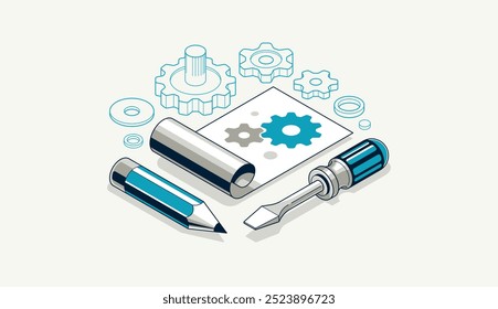 Projeto de engenharia mecânica em conceito de implementação de incorporação, desenho de plano de projeto do motor e andamento do trabalho, folha de papel com engrenagens, ferramentas e ilustração vetorial isométrica 3D lápis.