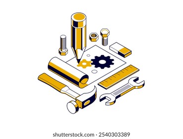 Projeto de engenharia mecânica em conceito de implementação de incorporação, desenho de plano de projeto do motor e andamento do trabalho, folha de papel com engrenagens, ferramentas e ilustração vetorial isométrica 3D lápis.