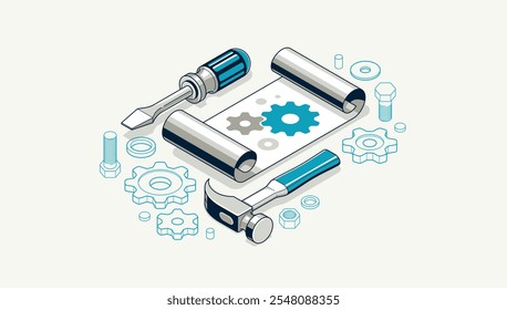 Projeto de engenharia mecânica em conceito de implementação de incorporação, desenho de plano de esboço do motor e processo de trabalho, folha de papel com engrenagens e ferramentas Ilustração vetorial isométrica 3D, tutorial de reparo.