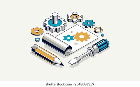 Projeto de engenharia mecânica em conceito de implementação de incorporação, desenho de plano de projeto do motor e andamento do trabalho, folha de papel com engrenagens, ferramentas e ilustração vetorial isométrica 3D lápis.