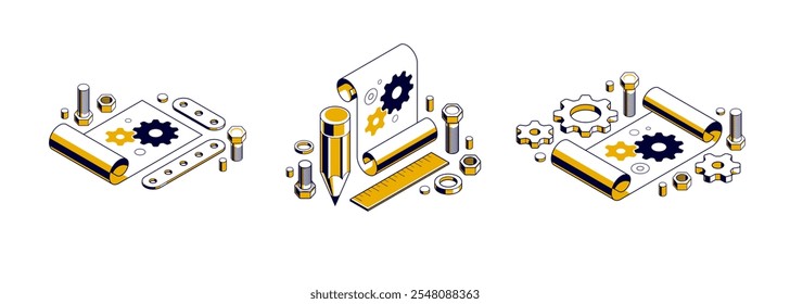 Projeto de engenharia mecânica em conjunto de conceito de implementação de incorporação, desenho de plano de projeto do motor e progresso do trabalho, folha de papel com engrenagens, ferramentas e ilustração vetorial isométrica 3D lápis.