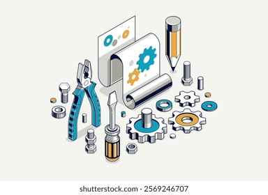 Mechanical engineering project in embodiment implementation concept, engine draft plan drawing and work progress, paper sheet with gears, tools and pencil 3D isometric vector illustration.