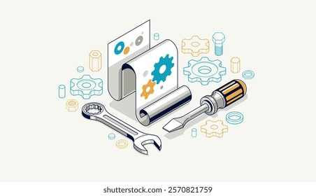 Mechanical engineering project in embodiment implementation concept, engine draft plan drawing and work process, paper sheet with gears and tools 3D isometric vector illustration, repair tutorial.