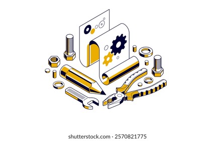 Mechanical engineering project in embodiment implementation concept, engine draft plan drawing and work progress, paper sheet with gears, tools and pencil 3D isometric vector illustration.