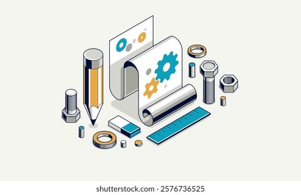 Mechanical engineering project in embodiment implementation concept, engine draft plan drawing and work process, paper sheet with gears and pencil 3D isometric vector illustration, repair tutorial.