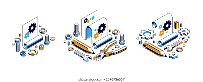 Mechanical engineering project in embodiment implementation concept set, engine draft plan drawing and work progress, paper sheet with gears, tools and pencil 3D isometric vector illustration.