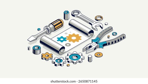 Projeto de engenharia mecânica em conceito de implementação de incorporação, desenho de plano de esboço do motor e processo de trabalho, folha de papel com engrenagens e ferramentas Ilustração vetorial isométrica 3D, tutorial de reparo.