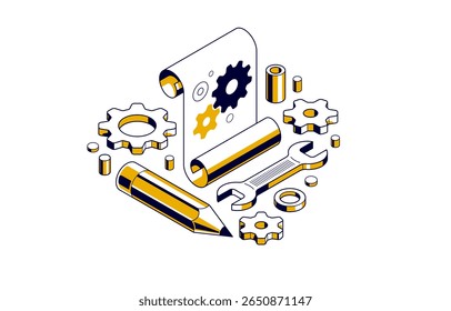 Projeto de engenharia mecânica em conceito de implementação de incorporação, desenho de plano de projeto do motor e andamento do trabalho, folha de papel com engrenagens, ferramentas e ilustração vetorial isométrica 3D lápis.