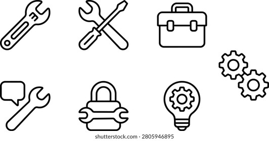 Mechanical engineering and repair tools line icon set featuring wrench, screwdriver, toolbox, gears, secure lock with wrench, and creative lightbulb gear.
