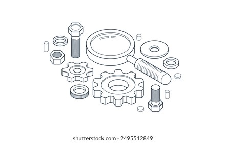 Mechanical engineering research and solution concept, gears with magnifier 3D isometric vector design icon or logo, magnifying glass with cogs software development.