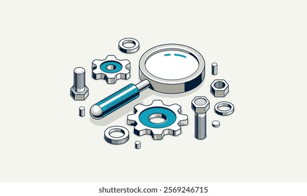 Mechanical engineering research and solution concept, gears with magnifier 3D isometric vector design icon or logo, magnifying glass with cogs software development.