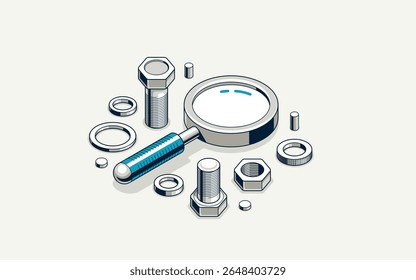 Mechanical engineering research and solution concept, gears with magnifier 3D isometric vector design icon or logo, magnifying glass with cogs software development.