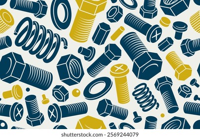 Mechanical engineering seamless background with bolts and nuts, vector invention and renovation tiling wallpaper, fix and repair, elements easy to use separately.