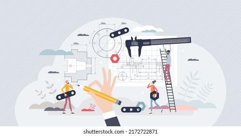 Mechanical Engineering Skills For Professional Technical Project Blueprint Drawing Tiny Person Concept. Work Occupation With Physics And Math Principles For Product Development Vector Illustration.