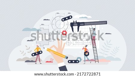 Mechanical engineering skills for professional technical project blueprint drawing tiny person concept. Work occupation with physics and math principles for product development vector illustration.