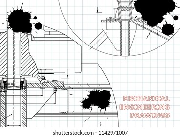 Mechanical engineering. Technical illustration. Background. Draft. Black Ink. Blots