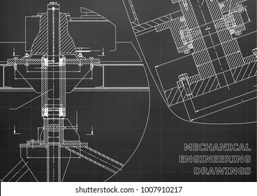 Mechanical engineering. Technical illustration. Backgrounds of engineering subjects. Technical design. Instrument making. Cover, banner, flyer, Black background. Grid. Corporate Identity