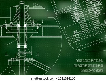 Mechanical engineering. Technical illustration. Backgrounds of engineering subjects. Technical design. Instrument making. Cover, banner, flyer, Green background. Points. Corporate Identity