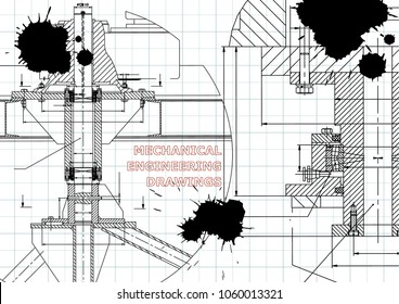 Mechanical engineering. Technical illustration. Backgrounds of engineering subjects. Technical design. Instrument making. Cover, banner. Draft. Black Ink. Blots