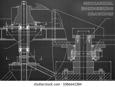 Mechanical engineering. Technical illustration. Backgrounds of engineering subjects. Technical design. Instrument making. Black background. Grid