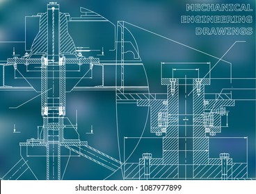 Mechanical engineering. Technical illustration. Backgrounds of engineering subjects. Technical design. Instrument making. Blue background