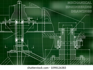 Mechanical engineering. Technical illustration. Backgrounds of engineering subjects. Technical design. Instrument making. Green background. Grid