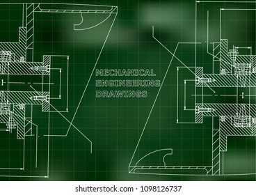 Mechanical engineering. Technical illustration. Backgrounds of engineering subjects. Green background. Grid